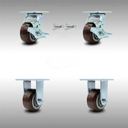 Service Caster 4 Inch Stainless Steel Polyurethane Caster Set with 2 Brakes/Swivel Lock 2 Rigid SCC-SS30S420-PPUR-TLB-BSL-2-R-2